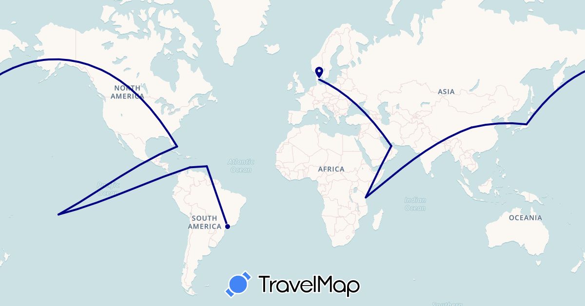 TravelMap itinerary: driving in United Arab Emirates, Barbados, Brazil, Bahamas, China, Denmark, France, Japan, Netherlands, Tanzania (Africa, Asia, Europe, North America, South America)
