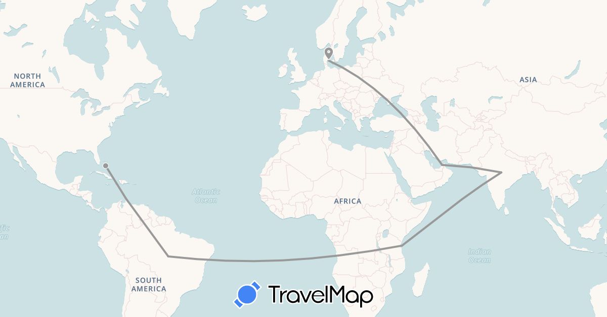 TravelMap itinerary: driving, plane in United Arab Emirates, Brazil, Bahamas, Denmark, India, Netherlands, Tanzania (Africa, Asia, Europe, North America, South America)